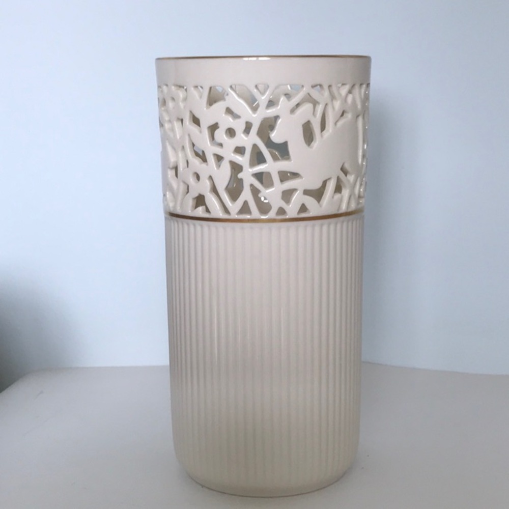 Lenox Scandi Deer Squirrel Bird Carved Vase 8” Tall Gold Rim